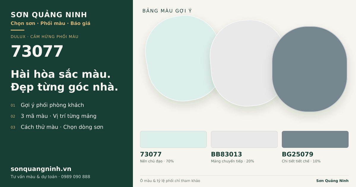 Dulux 73077 · Phòng khách · Bộ phối 73077 + BB83013 + BG25079. Bảng màu gợi ý; ảnh chỉ tham khảo.