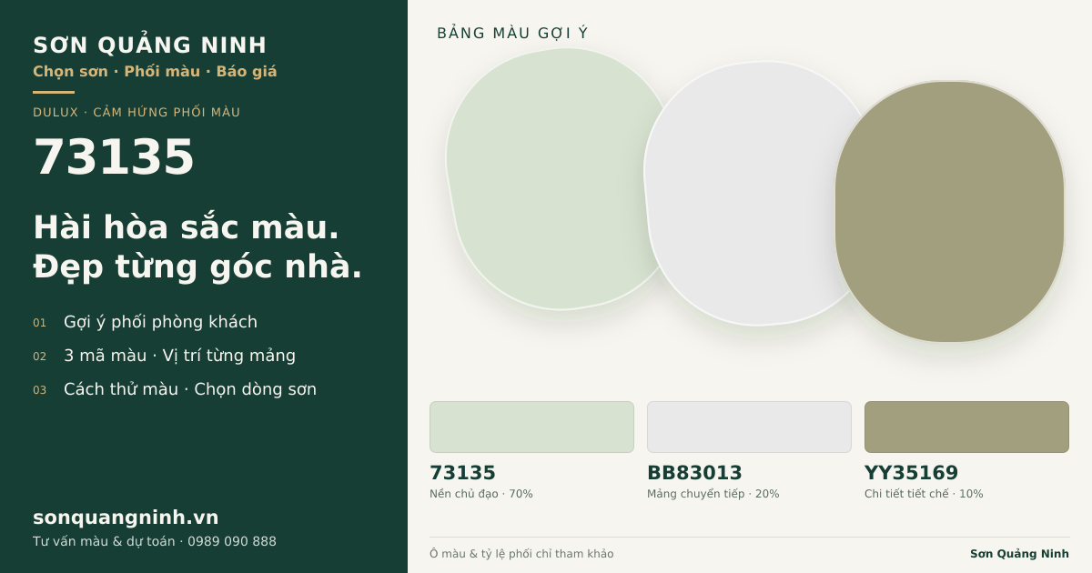 Dulux 73135 · Phòng khách · Bộ phối 73135 + BB83013 + YY35169. Bảng màu gợi ý; ảnh chỉ tham khảo.