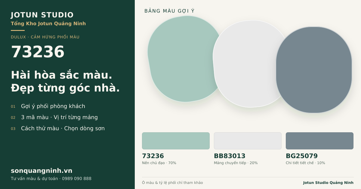 Dulux 73236 · Phòng khách · Bộ phối 73236 + BB83013 + BG25079. Bảng màu gợi ý; ảnh chỉ tham khảo.