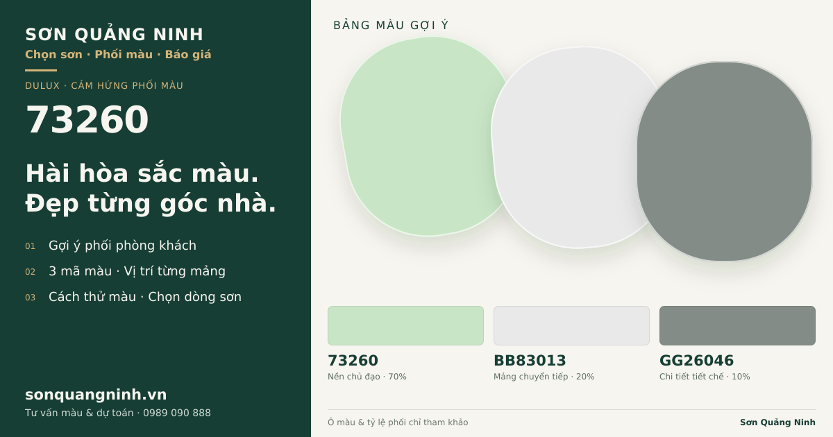Dulux 73260 · Phòng khách · Bộ phối 73260 + BB83013 + GG26046. Bảng màu gợi ý; ảnh chỉ tham khảo.