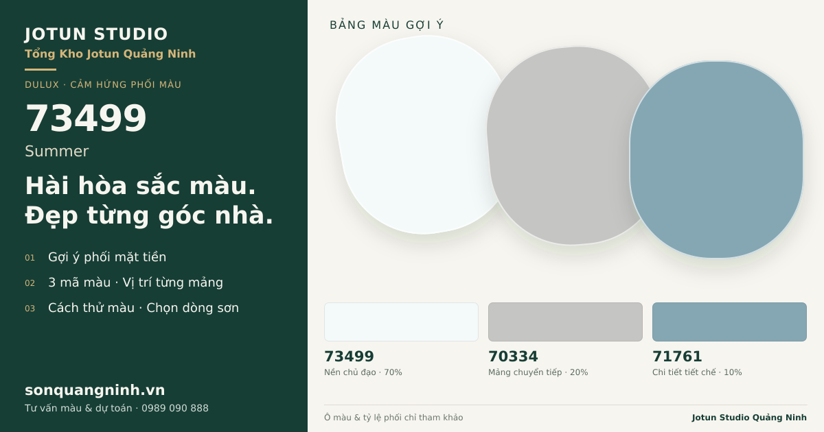 Dulux 73499 Summer · Mặt tiền · Bộ phối 73499 + 70334 + 71761. Bảng màu gợi ý; ảnh chỉ tham khảo.