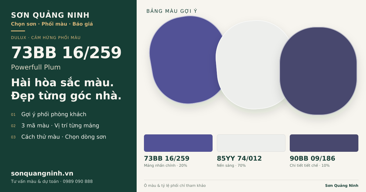 Dulux 73BB 16/259 Powerfull Plum · Phòng khách · Bộ phối 73BB 16/259 + 85YY 74/012 + 90BB 09/186. Bảng màu gợi ý; ảnh chỉ tham khảo.