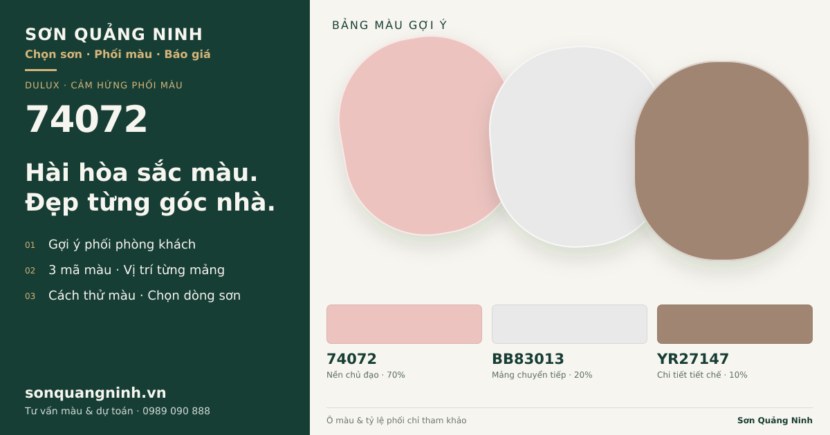 Dulux 74072 · Phòng khách · Bộ phối 74072 + BB83013 + YR27147. Bảng màu gợi ý; ảnh chỉ tham khảo.