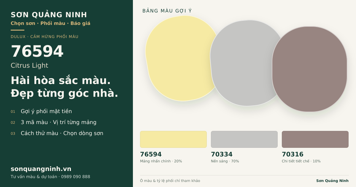 Dulux 76594 Citrus Light · Mặt tiền · Bộ phối 76594 + 70334 + 70316. Bảng màu gợi ý; ảnh chỉ tham khảo.