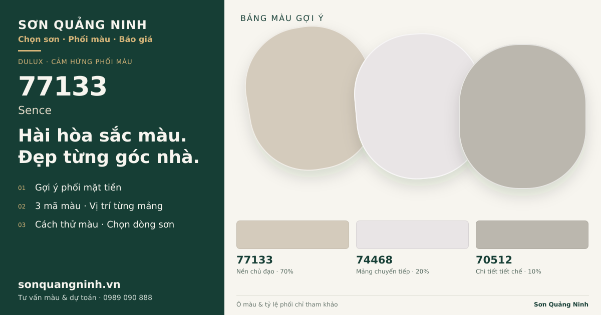 Dulux 77133 Sence · Mặt tiền · Bộ phối 77133 + 74468 + 70512. Bảng màu gợi ý; ảnh chỉ tham khảo.