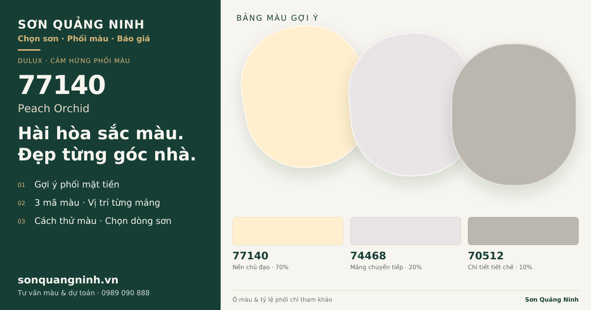 Dulux 77140 Peach Orchid · Mặt tiền · Bộ phối 77140 + 74468 + 70512. Bảng màu gợi ý; ảnh chỉ tham khảo.