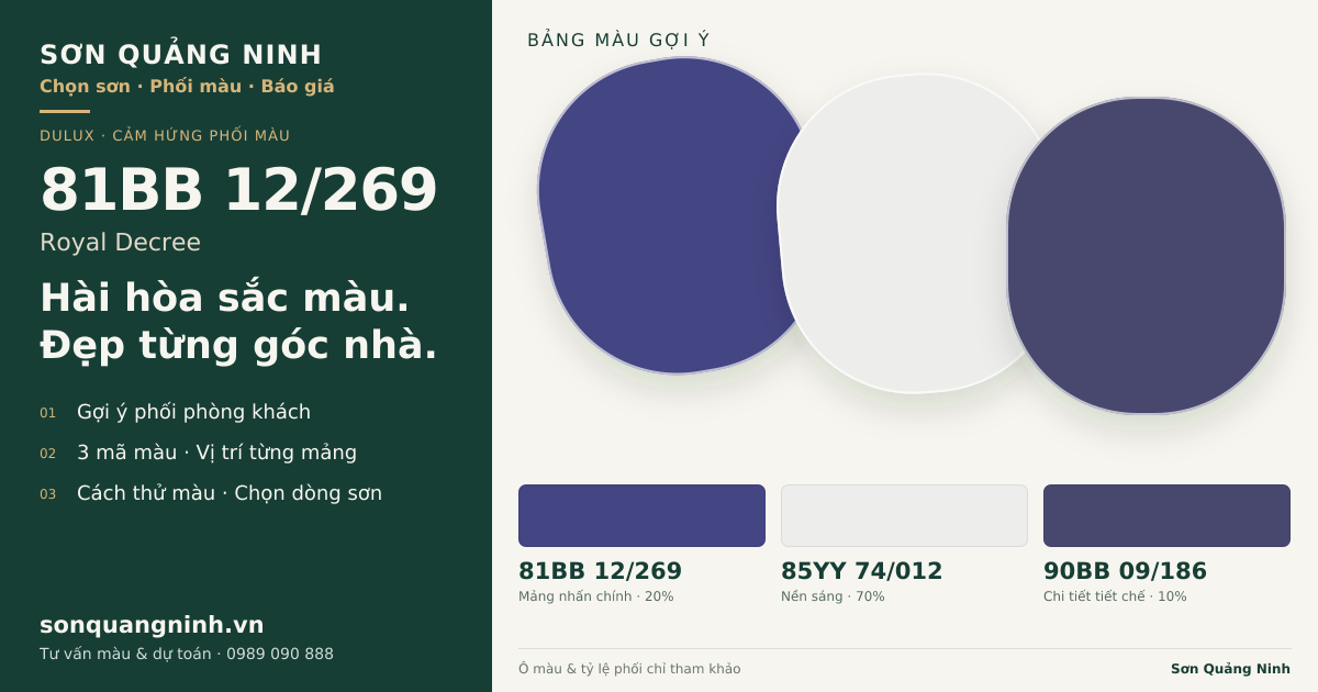 Dulux 81BB 12/269 Royal Decree · Phòng khách · Bộ phối 81BB 12/269 + 85YY 74/012 + 90BB 09/186. Bảng màu gợi ý; ảnh chỉ tham khảo.
