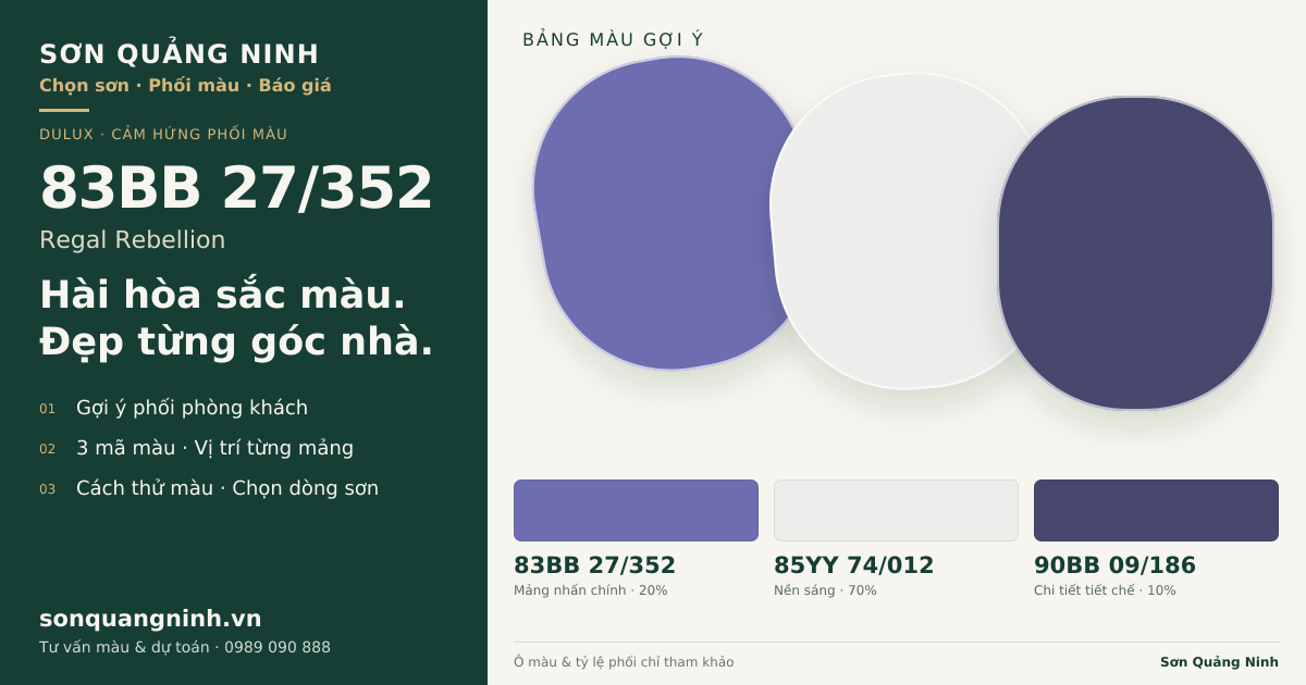 Dulux 83BB 27/352 Regal Rebellion · Phòng khách · Bộ phối 83BB 27/352 + 85YY 74/012 + 90BB 09/186. Bảng màu gợi ý; ảnh chỉ tham khảo.