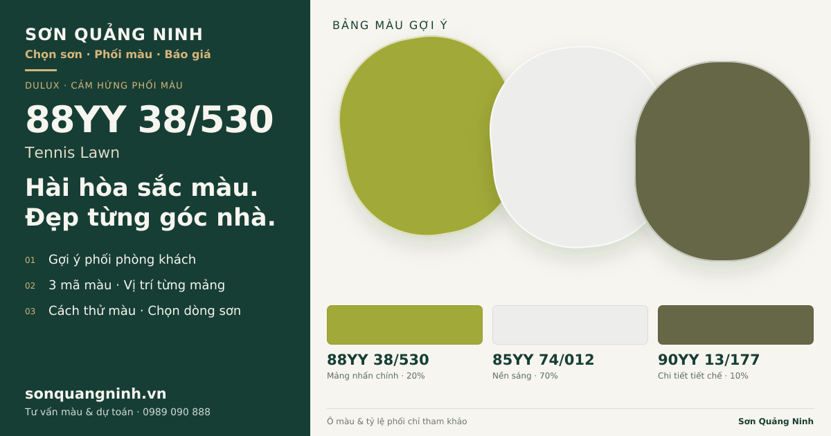 Dulux 88YY 38/530 Tennis Lawn · Phòng khách · Bộ phối 88YY 38/530 + 85YY 74/012 + 90YY 13/177. Bảng màu gợi ý; ảnh chỉ tham khảo.