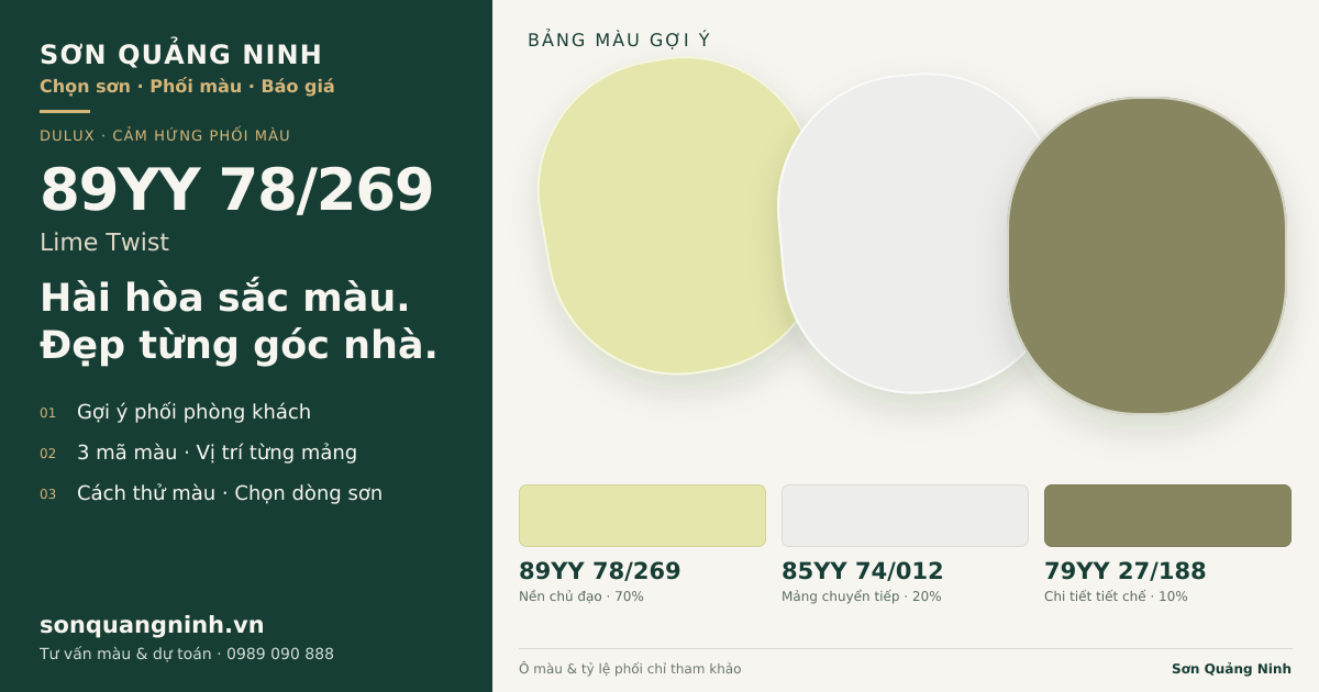 Dulux 89YY 78/269 Lime Twist · Phòng khách · Bộ phối 89YY 78/269 + 85YY 74/012 + 79YY 27/188. Bảng màu gợi ý; ảnh chỉ tham khảo.