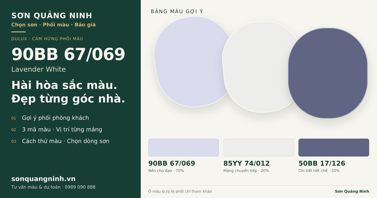 Dulux 90BB 67/069 Lavender White · Phòng khách · Bộ phối 90BB 67/069 + 85YY 74/012 + 50BB 17/126. Bảng màu gợi ý; ảnh chỉ tham khảo.