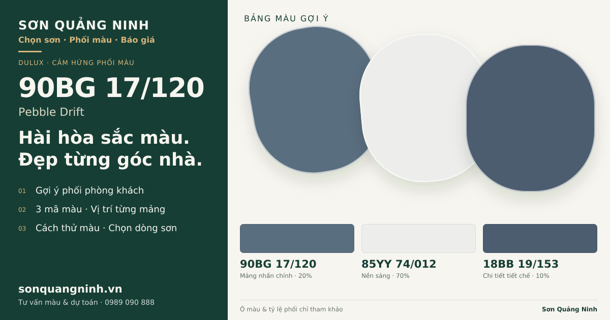 Dulux 90BG 17/120 Pebble Drift · Phòng khách · Bộ phối 90BG 17/120 + 85YY 74/012 + 18BB 19/153. Bảng màu gợi ý; ảnh chỉ tham khảo.