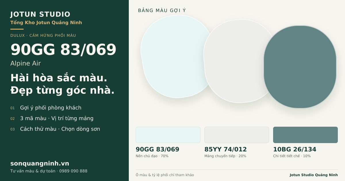 Dulux 90GG 83/069 Alpine Air · Phòng khách · Bộ phối 90GG 83/069 + 85YY 74/012 + 10BG 26/134. Bảng màu gợi ý; ảnh chỉ tham khảo.