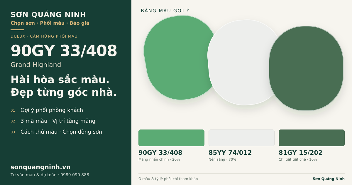 Dulux 90GY 33/408 Grand Highland · Phòng khách · Bộ phối 90GY 33/408 + 85YY 74/012 + 81GY 15/202. Bảng màu gợi ý; ảnh chỉ tham khảo.