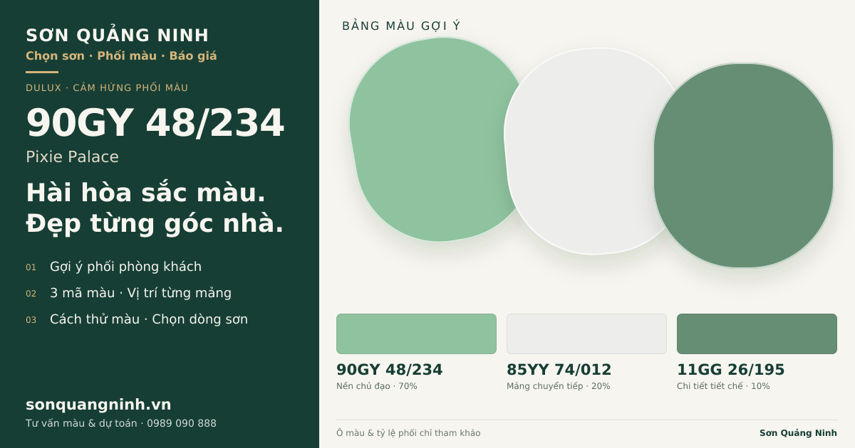 Dulux 90GY 48/234 Pixie Palace · Phòng khách · Bộ phối 90GY 48/234 + 85YY 74/012 + 11GG 26/195. Bảng màu gợi ý; ảnh chỉ tham khảo.
