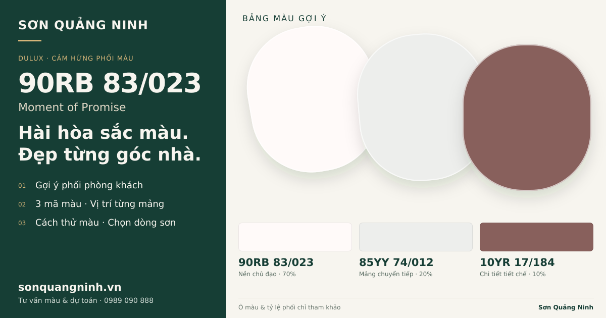 Dulux 90RB 83/023 Moment of Promise · Phòng khách · Bộ phối 90RB 83/023 + 85YY 74/012 + 10YR 17/184. Bảng màu gợi ý; ảnh chỉ tham khảo.