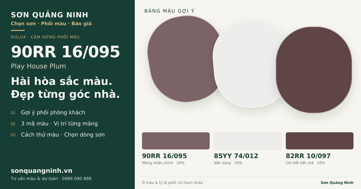 Dulux 90RR 16/095 Play House Plum · Phòng khách · Bộ phối 90RR 16/095 + 85YY 74/012 + 82RR 10/097. Bảng màu gợi ý; ảnh chỉ tham khảo.