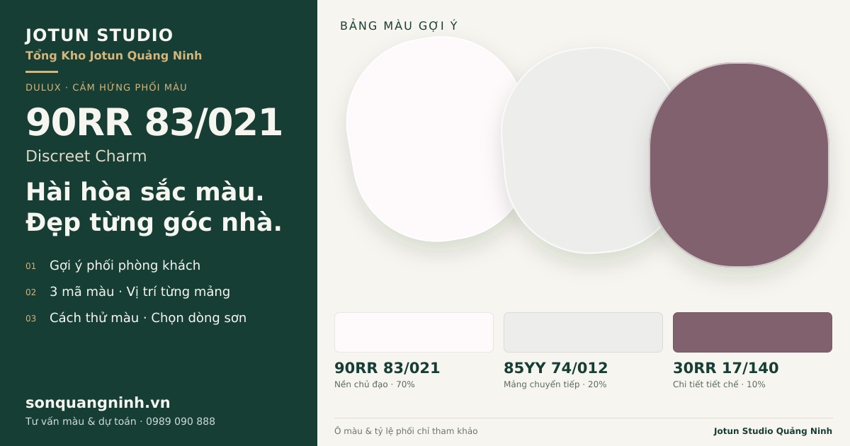 Dulux 90RR 83/021 Discreet Charm · Phòng khách · Bộ phối 90RR 83/021 + 85YY 74/012 + 30RR 17/140. Bảng màu gợi ý; ảnh chỉ tham khảo.