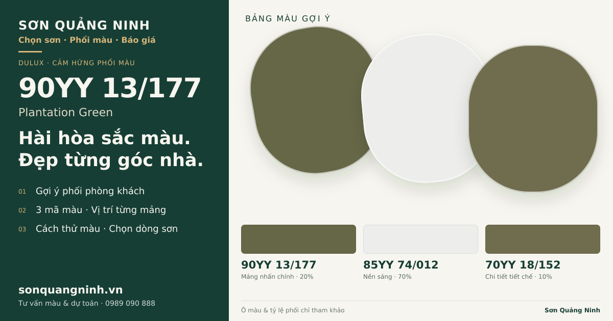Dulux 90YY 13/177 Plantation Green · Phòng khách · Bộ phối 90YY 13/177 + 85YY 74/012 + 70YY 18/152. Bảng màu gợi ý; ảnh chỉ tham khảo.