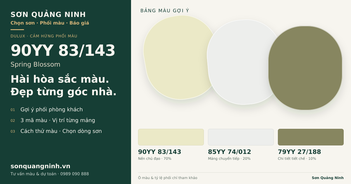 Dulux 90YY 83/143 Spring Blossom · Phòng khách · Bộ phối 90YY 83/143 + 85YY 74/012 + 79YY 27/188. Bảng màu gợi ý; ảnh chỉ tham khảo.