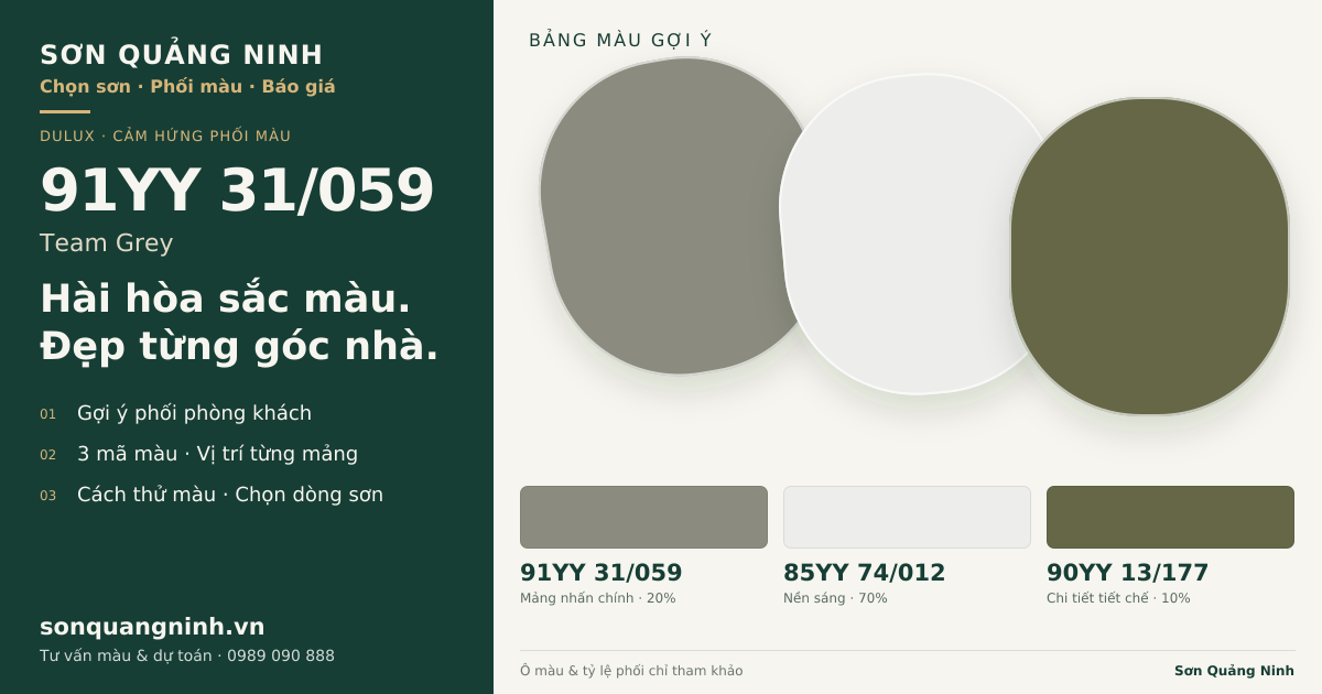 Dulux 91YY 31/059 Team Grey · Phòng khách · Bộ phối 91YY 31/059 + 85YY 74/012 + 90YY 13/177. Bảng màu gợi ý; ảnh chỉ tham khảo.