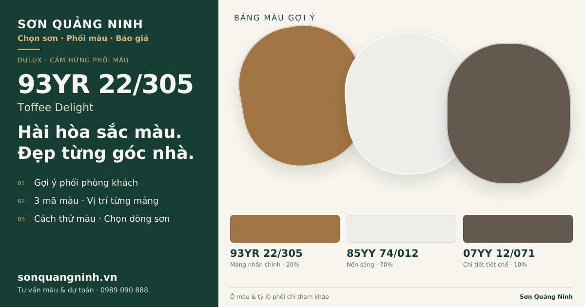 Dulux 93YR 22/305 Toffee Delight · Phòng khách · Bộ phối 93YR 22/305 + 85YY 74/012 + 07YY 12/071. Bảng màu gợi ý; ảnh chỉ tham khảo.
