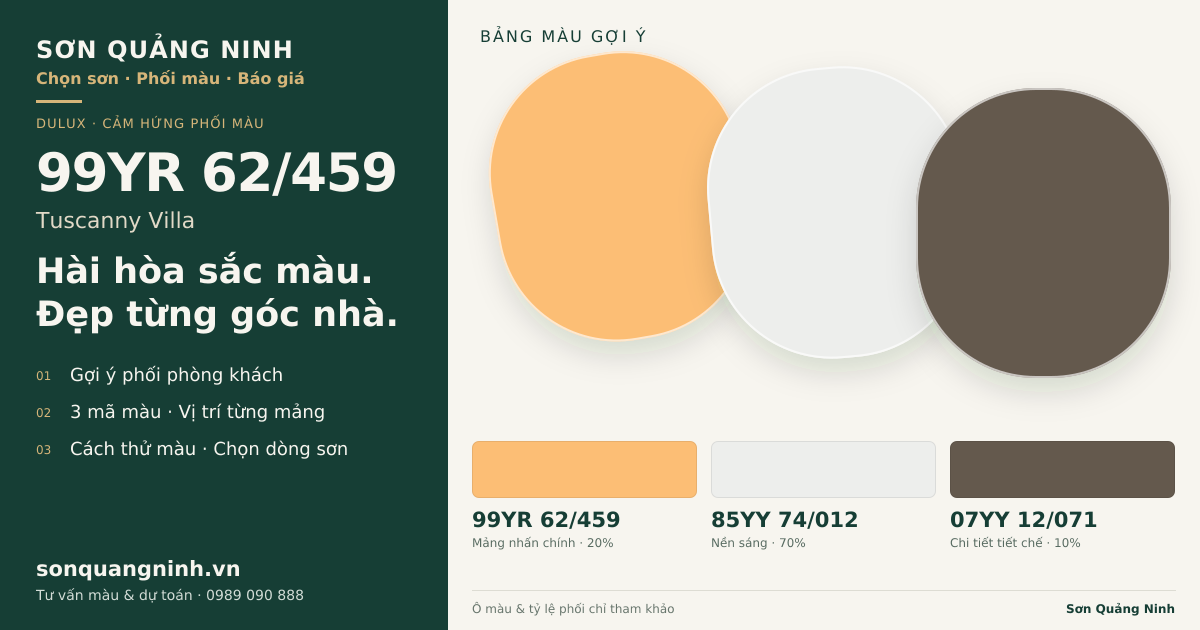Dulux 99YR 62/459 Tuscanny Villa · Phòng khách · Bộ phối 99YR 62/459 + 85YY 74/012 + 07YY 12/071. Bảng màu gợi ý; ảnh chỉ tham khảo.