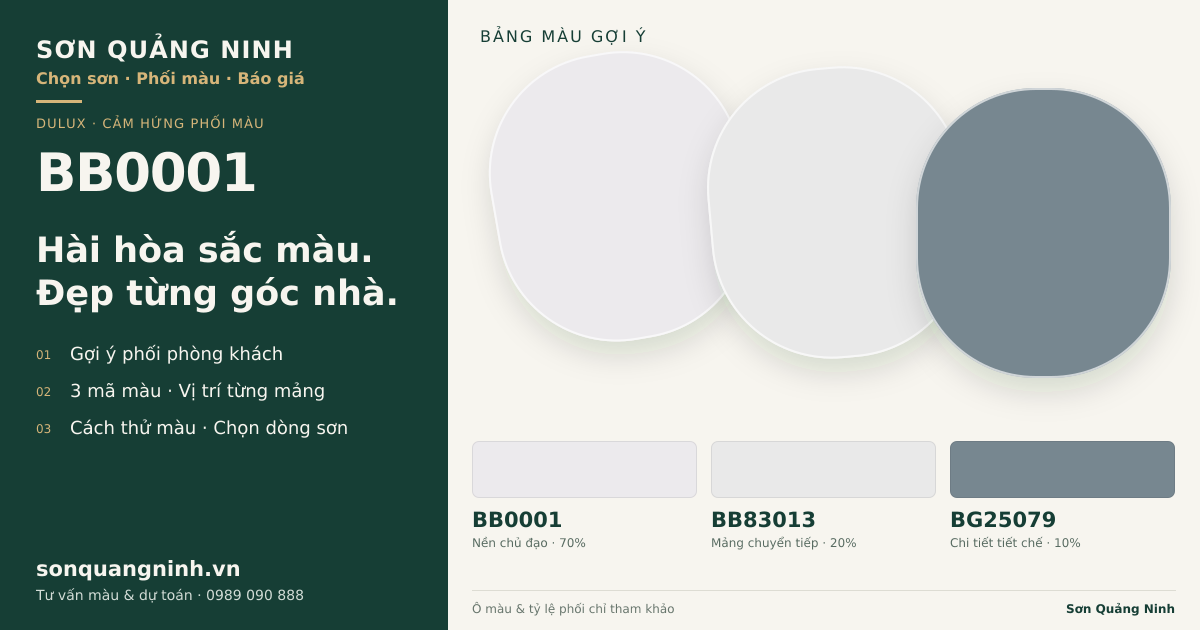 Dulux BB0001 · Phòng khách · Bộ phối BB0001 + BB83013 + BG25079. Bảng màu gợi ý; ảnh chỉ tham khảo.
