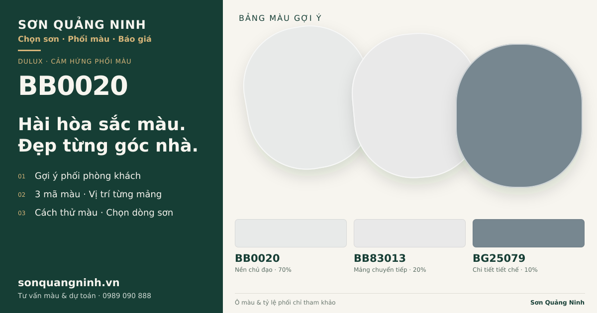 Dulux BB0020 · Phòng khách · Bộ phối BB0020 + BB83013 + BG25079. Bảng màu gợi ý; ảnh chỉ tham khảo.
