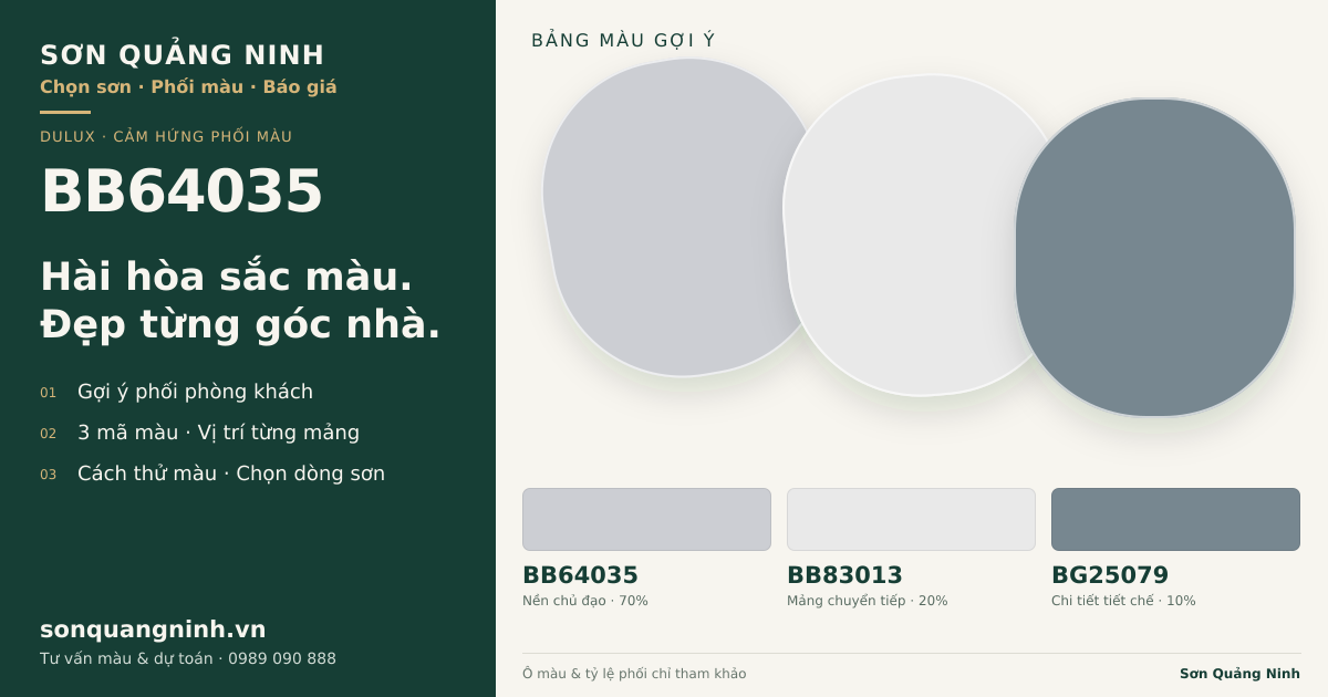 Dulux BB64035 · Phòng khách · Bộ phối BB64035 + BB83013 + BG25079. Bảng màu gợi ý; ảnh chỉ tham khảo.