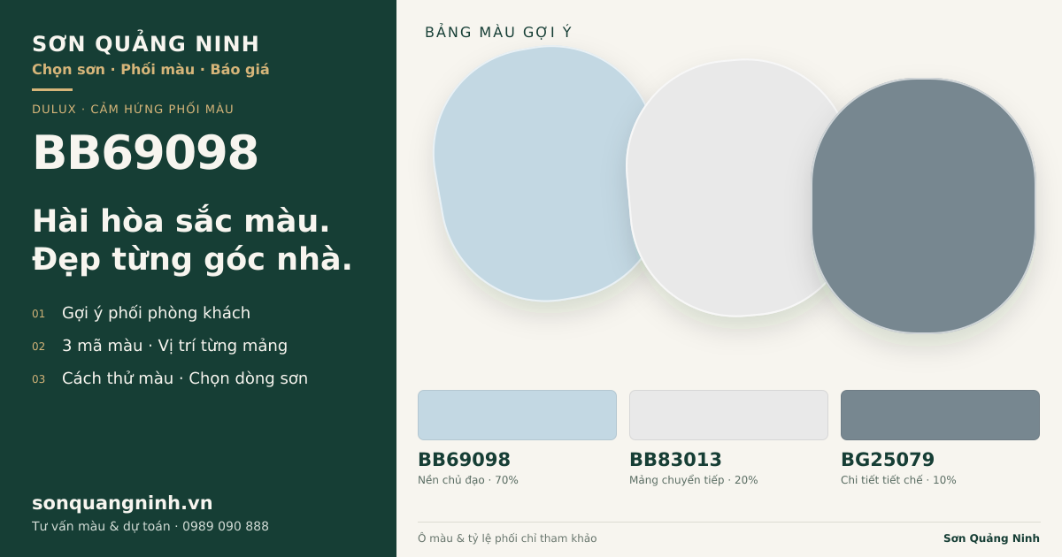 Dulux BB69098 · Phòng khách · Bộ phối BB69098 + BB83013 + BG25079. Bảng màu gợi ý; ảnh chỉ tham khảo.