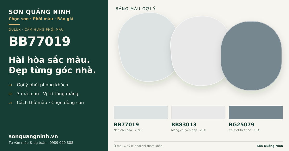 Dulux BB77019 · Phòng khách · Bộ phối BB77019 + BB83013 + BG25079. Bảng màu gợi ý; ảnh chỉ tham khảo.