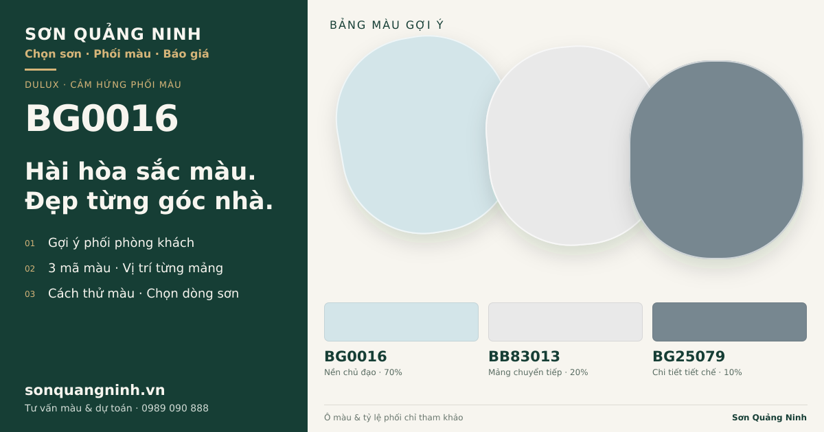 Dulux BG0016 · Phòng khách · Bộ phối BG0016 + BB83013 + BG25079. Bảng màu gợi ý; ảnh chỉ tham khảo.