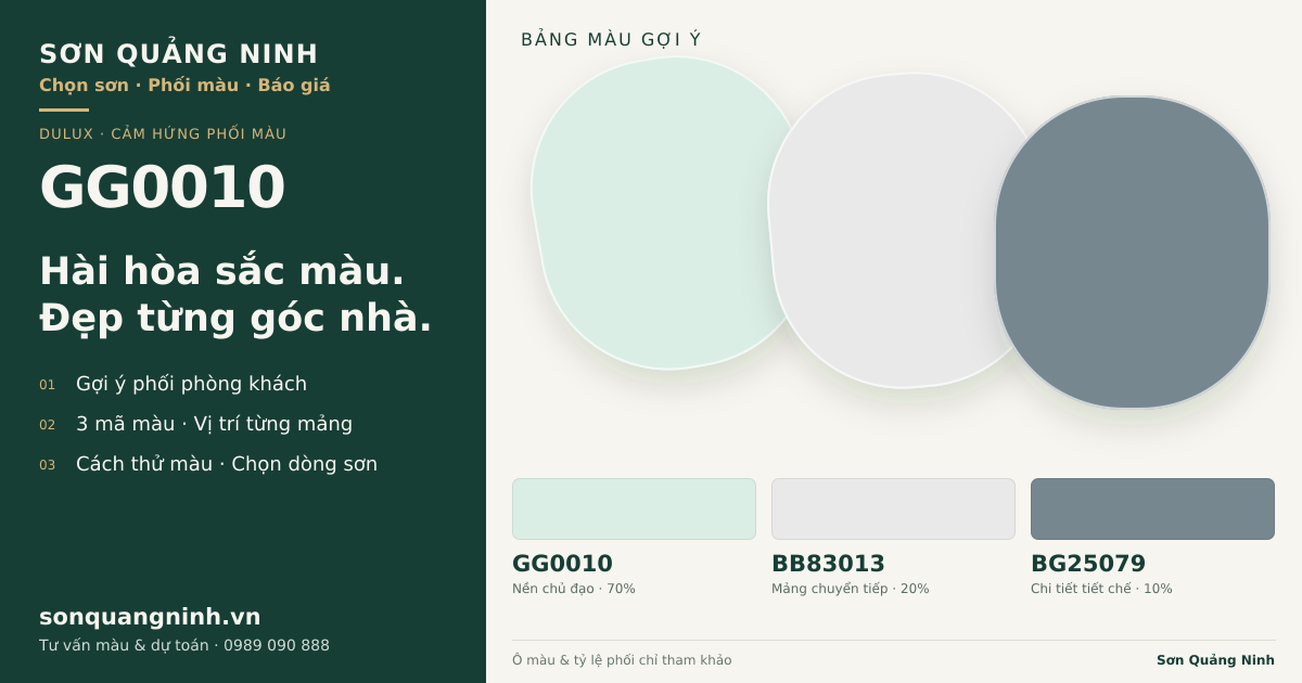 Dulux GG0010 · Phòng khách · Bộ phối GG0010 + BB83013 + BG25079. Bảng màu gợi ý; ảnh chỉ tham khảo.