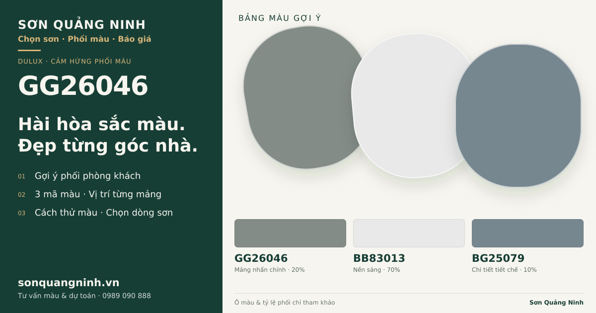 Dulux GG26046 · Phòng khách · Bộ phối GG26046 + BB83013 + BG25079. Bảng màu gợi ý; ảnh chỉ tham khảo.