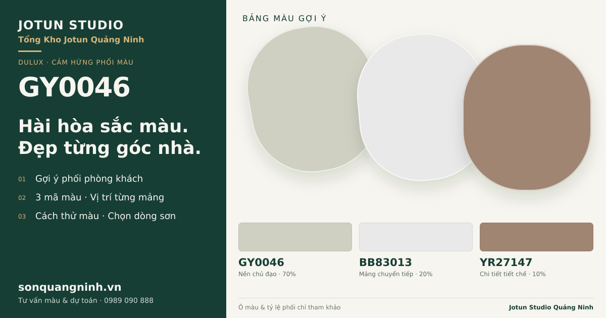Dulux GY0046 · Phòng khách · Bộ phối GY0046 + BB83013 + YR27147. Bảng màu gợi ý; ảnh chỉ tham khảo.