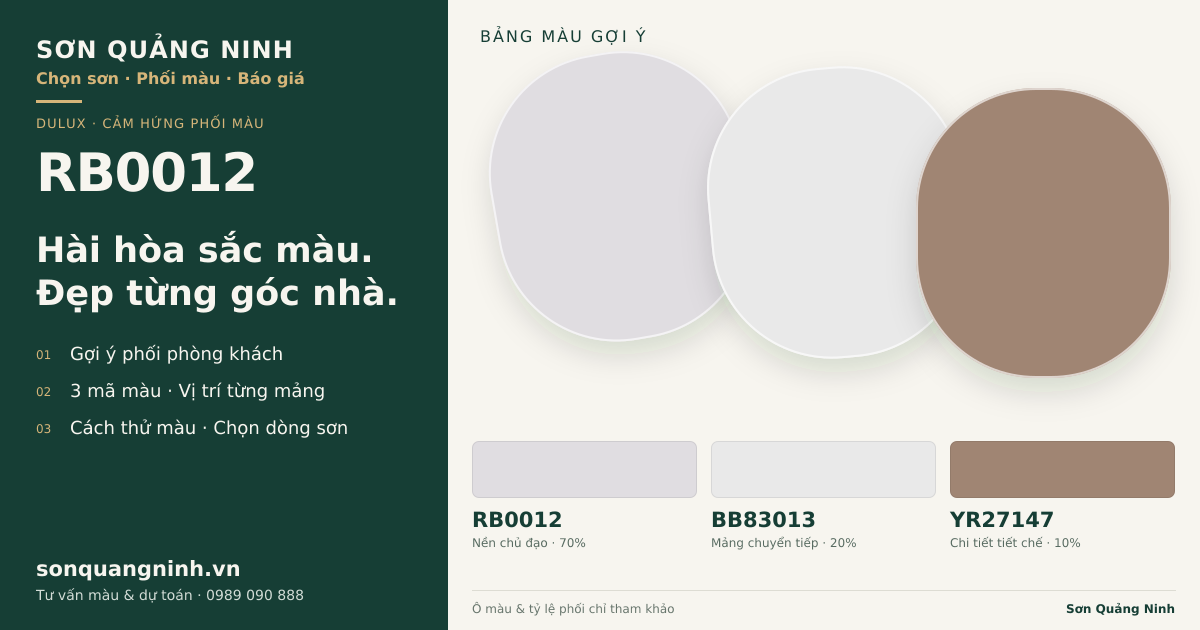 Dulux RB0012 · Phòng khách · Bộ phối RB0012 + BB83013 + YR27147. Bảng màu gợi ý; ảnh chỉ tham khảo.