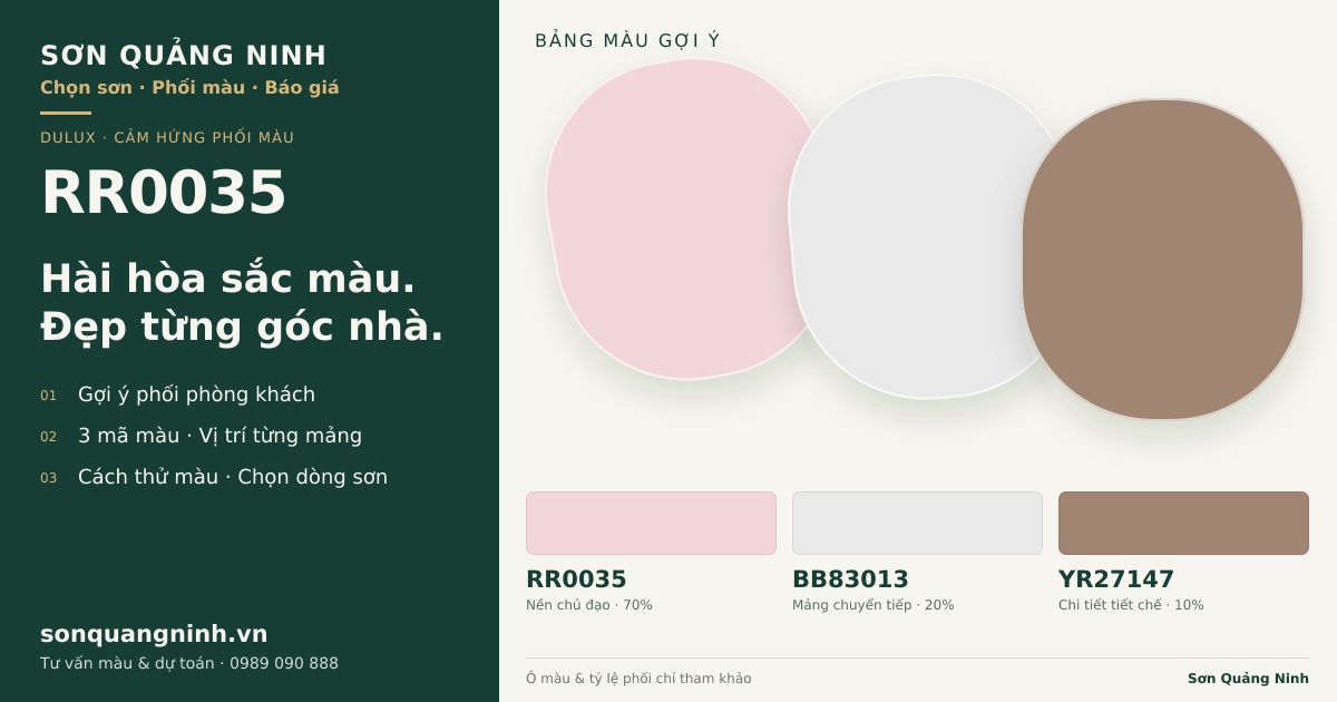 Dulux RR0035 · Phòng khách · Bộ phối RR0035 + BB83013 + YR27147. Bảng màu gợi ý; ảnh chỉ tham khảo.