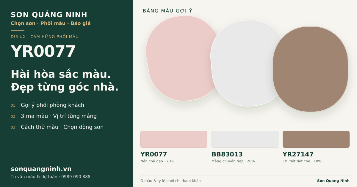 Dulux YR0077 · Phòng khách · Bộ phối YR0077 + BB83013 + YR27147. Bảng màu gợi ý; ảnh chỉ tham khảo.