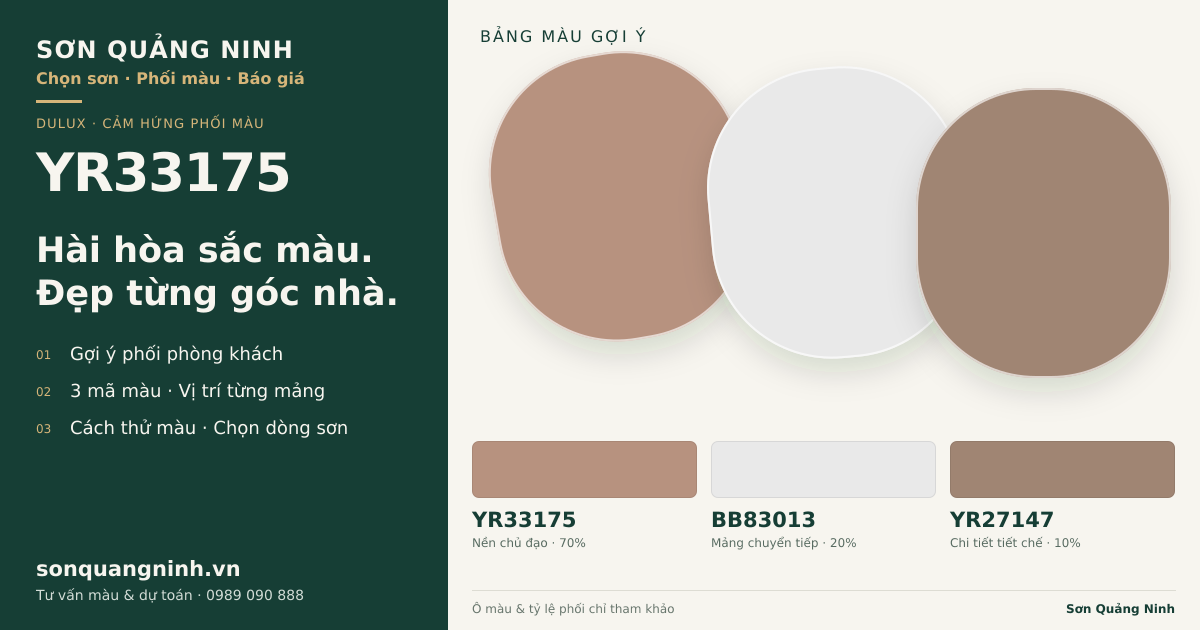 Dulux YR33175 · Phòng khách · Bộ phối YR33175 + BB83013 + YR27147. Bảng màu gợi ý; ảnh chỉ tham khảo.