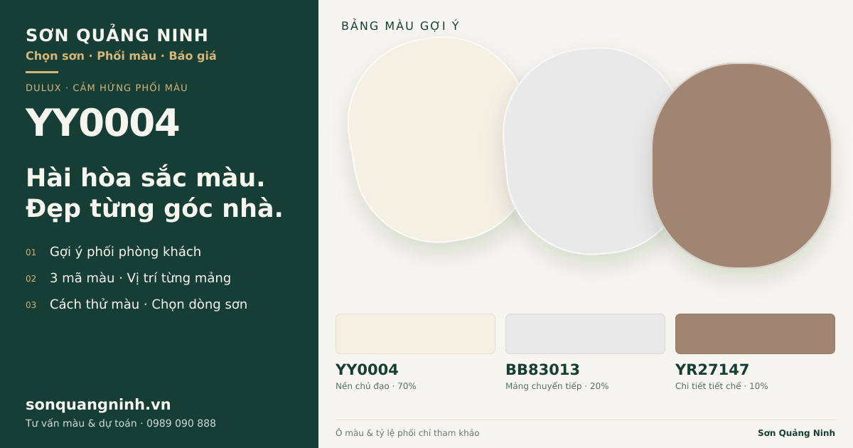 Dulux YY0004 · Phòng khách · Bộ phối YY0004 + BB83013 + YR27147. Bảng màu gợi ý; ảnh chỉ tham khảo.