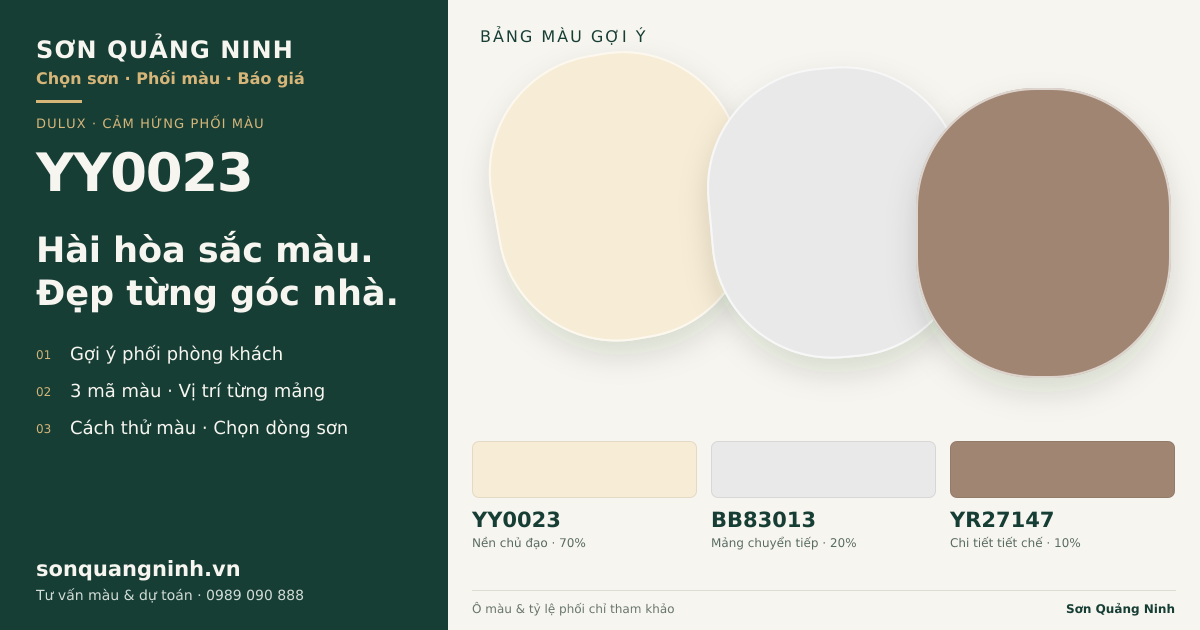 Dulux YY0023 · Phòng khách · Bộ phối YY0023 + BB83013 + YR27147. Bảng màu gợi ý; ảnh chỉ tham khảo.