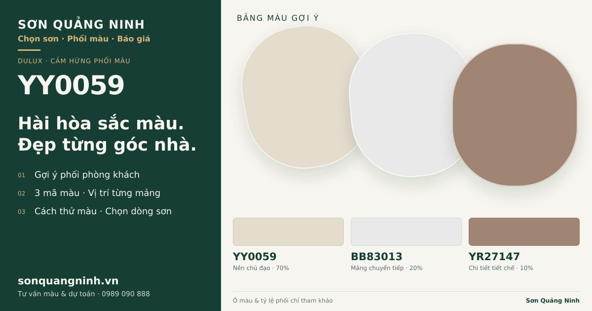 Dulux YY0059 · Phòng khách · Bộ phối YY0059 + BB83013 + YR27147. Bảng màu gợi ý; ảnh chỉ tham khảo.