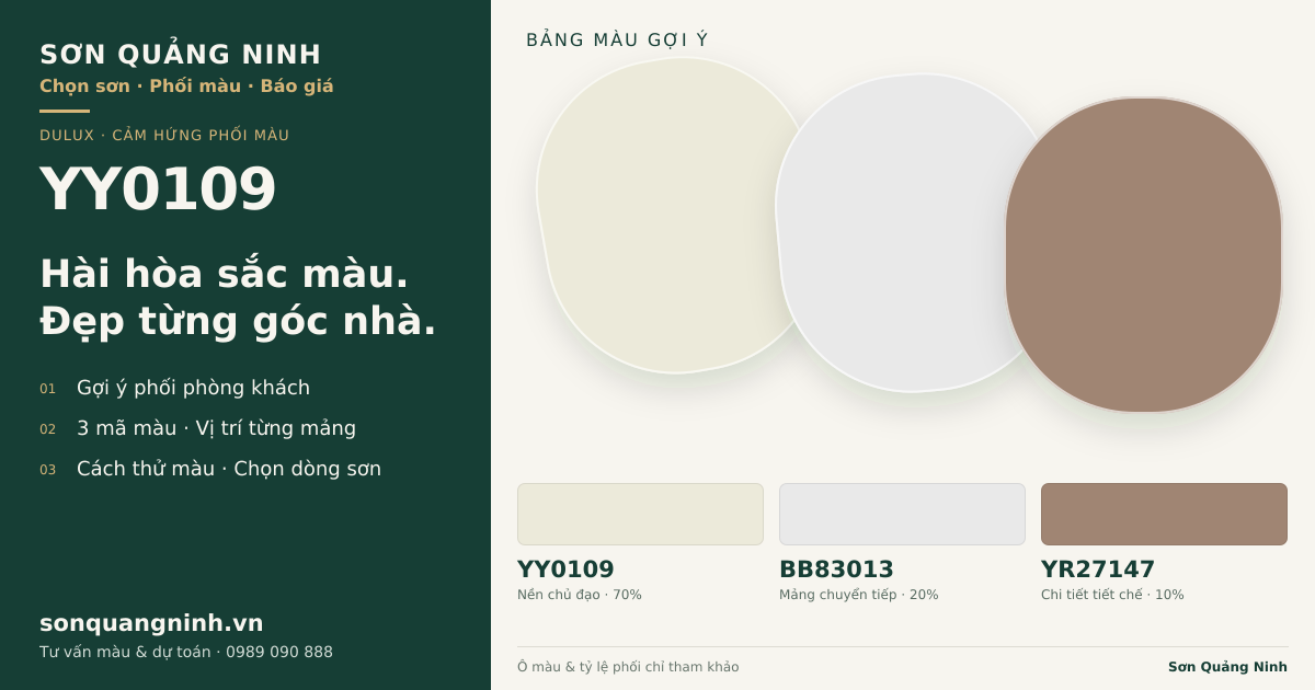 Dulux YY0109 · Phòng khách · Bộ phối YY0109 + BB83013 + YR27147. Bảng màu gợi ý; ảnh chỉ tham khảo.