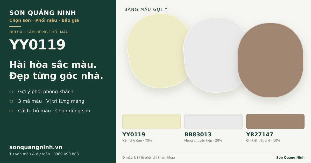 Dulux YY0119 · Phòng khách · Bộ phối YY0119 + BB83013 + YR27147. Bảng màu gợi ý; ảnh chỉ tham khảo.