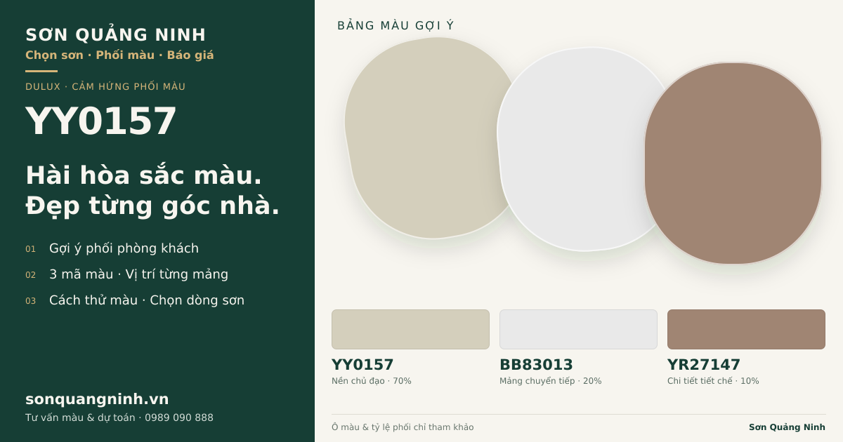 Dulux YY0157 · Phòng khách · Bộ phối YY0157 + BB83013 + YR27147. Bảng màu gợi ý; ảnh chỉ tham khảo.