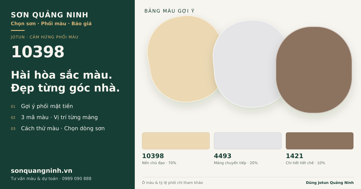 Jotun 10398 · Mặt tiền · Bộ phối 10398 + 4493 + 1421. Bảng màu gợi ý; ảnh chỉ tham khảo.