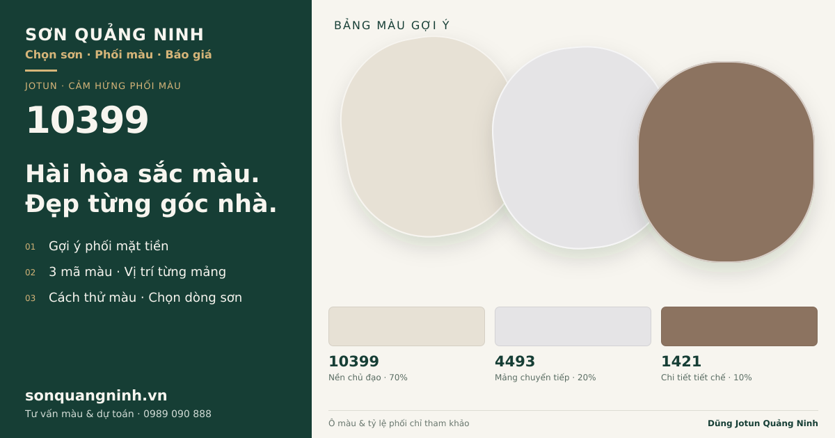 Jotun 10399 · Mặt tiền · Bộ phối 10399 + 4493 + 1421. Bảng màu gợi ý; ảnh chỉ tham khảo.