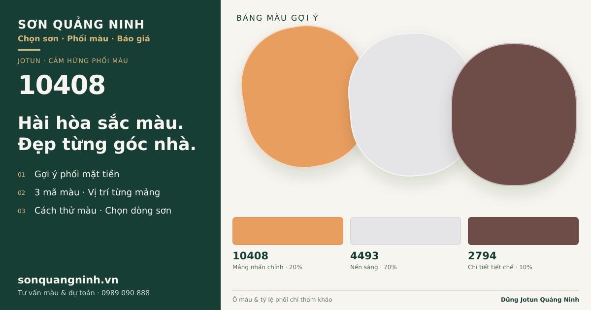 Jotun 10408 · Mặt tiền · Bộ phối 10408 + 4493 + 2794. Bảng màu gợi ý; ảnh chỉ tham khảo.