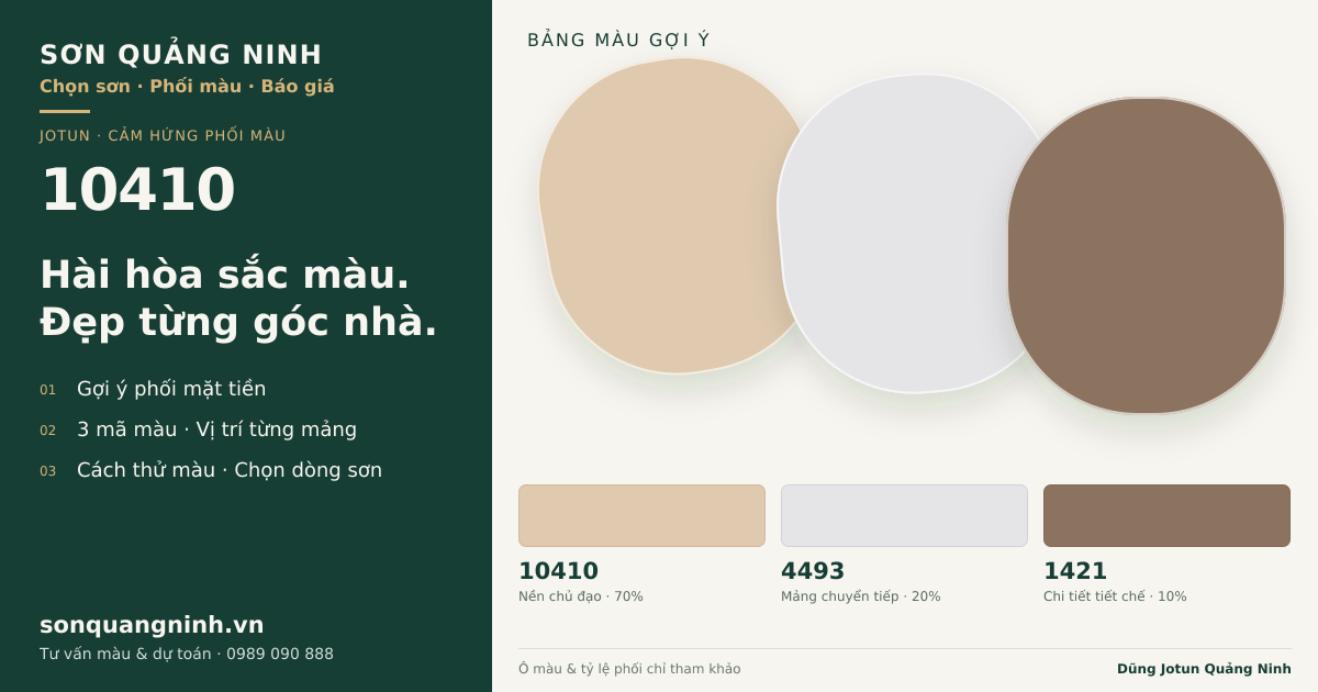 Jotun 10410 · Mặt tiền · Bộ phối 10410 + 4493 + 1421. Bảng màu gợi ý; ảnh chỉ tham khảo.